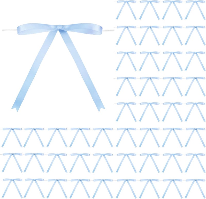 Riceshoot Store Light Blue 50 Pcs Stain Ribbon Bows 5x7 Inch Twist Tie Bows for Gift Wrapping Cake Treat Bags Craft DIY Gift Wedding Baby Shower Birthday Party Decorations - Image 1